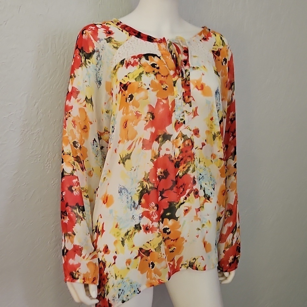 SML SPORT Floral Semi-sheer Oversized Keyhole Bow Chiffon Top XL - Picture 2 of 7